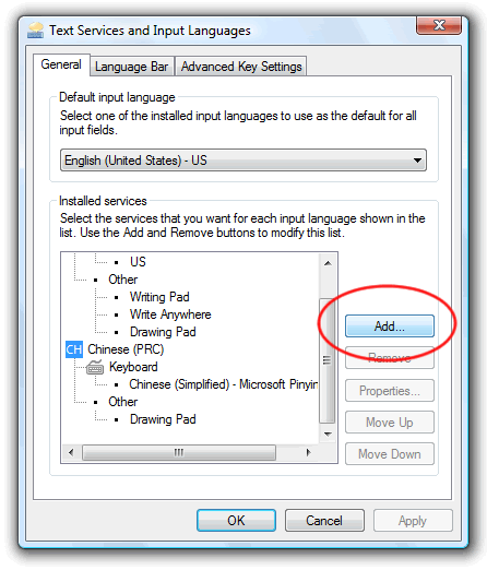 Text Services and Input Languages window: add button